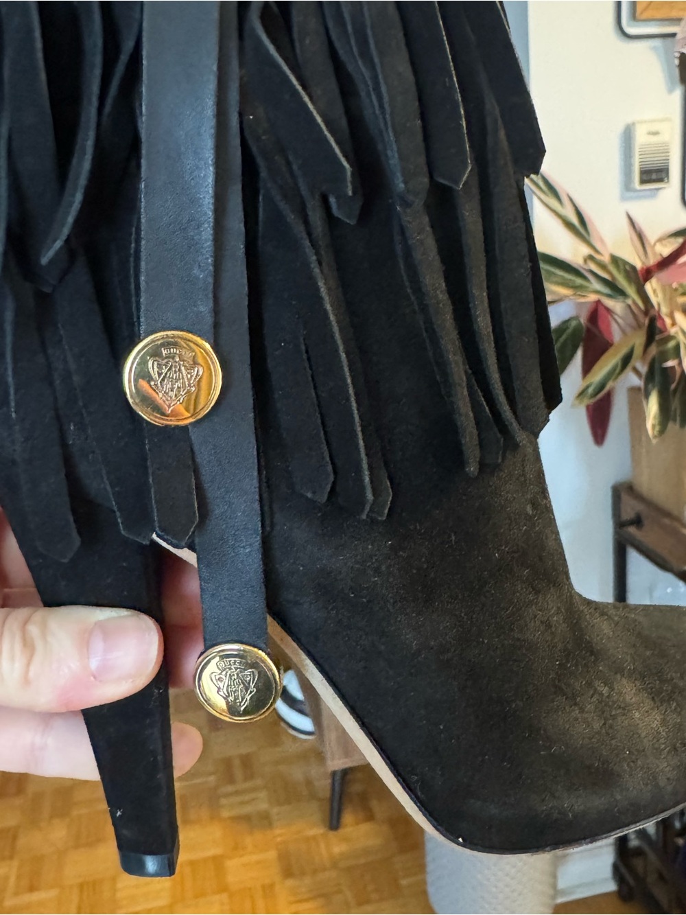Gucci Black Suede Fringe Studded High-Heel Ankle Boots - Picture 2 of 4